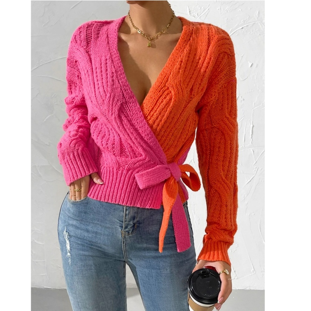 Cable Knit Wrap Cardigan Tie Side V-Neck Colorblock Pink Orange - Picture 6 of 9